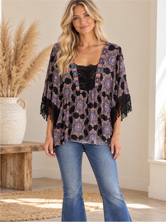 ONE WORLD Tops - ONE WORLD Boho Chic Black Tunic with Purple Medallion Print & Fringe